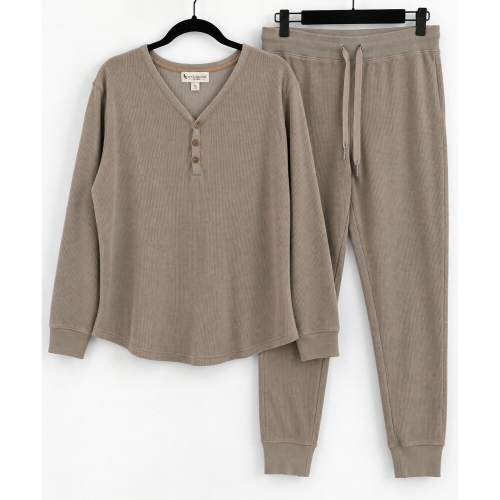Koolaburra by UGG Lounge Set Women XL Taupe Waffle Knit Henley Jogger Pants Cozy